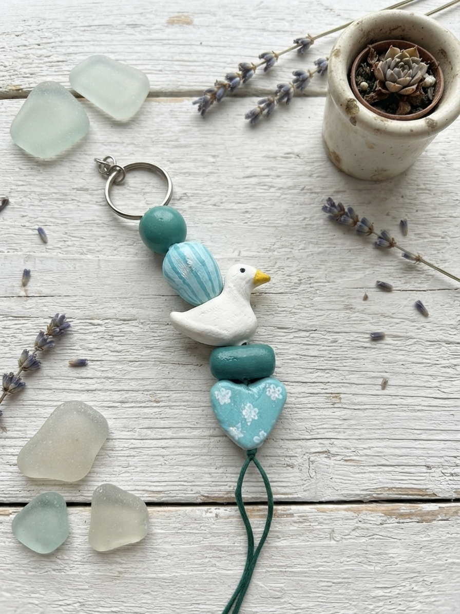 Blue Duck & Floral Heart Clay Keychain 🩵 |Handmade