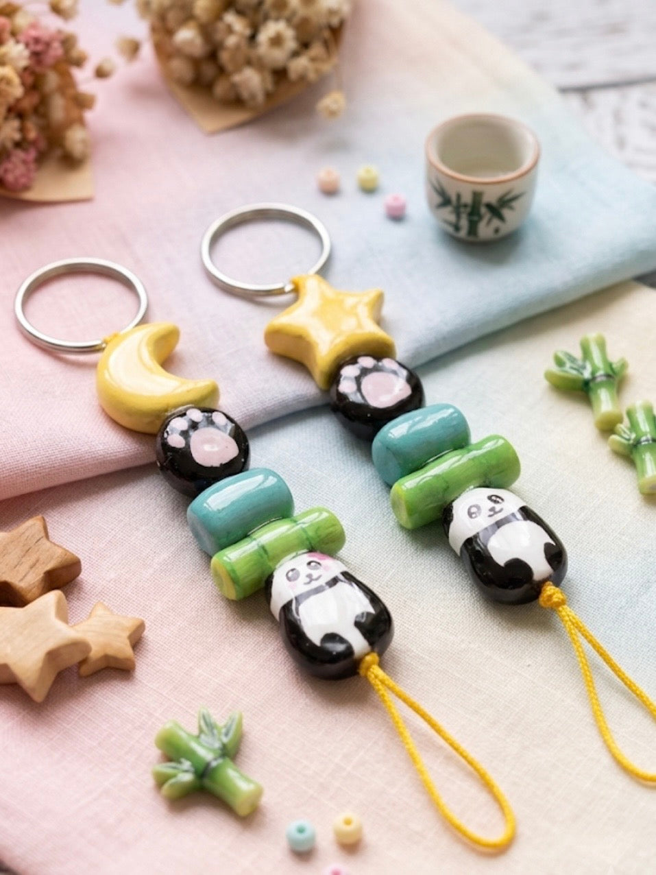 Handmade Panda |Bamboo Clay Keychain | Celestial Star & Moon Charms |waterproof