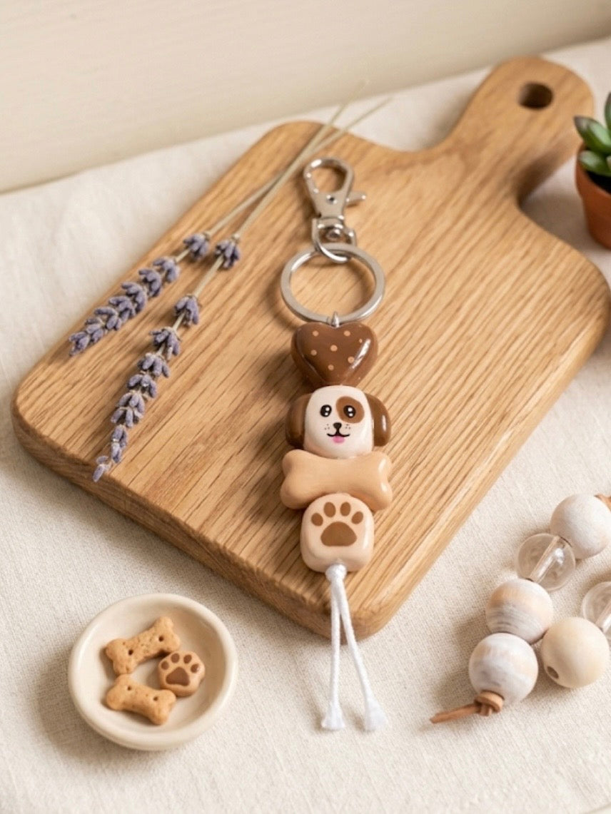 Chunky Brown Dog & Paw Clay Keyring | Waterproof Bag Charm | waterproof