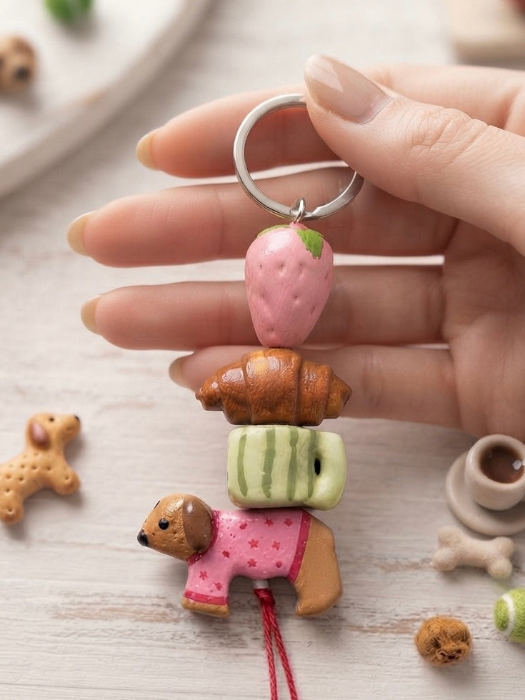 Puppy & Pastry Clay Keychain | Cozy Pet Lover Charm - 100% Handmade