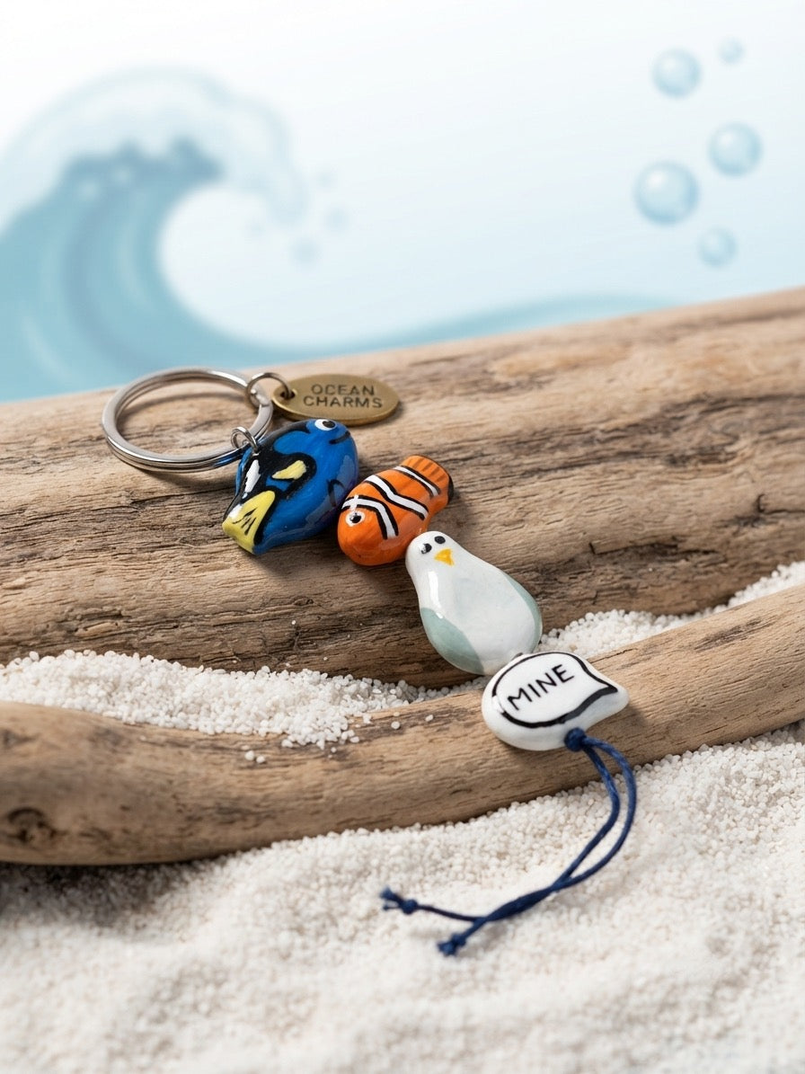 Clownfish, Blue Tang & Seagull Handmade Keyring || Nostalgic Movie Charm