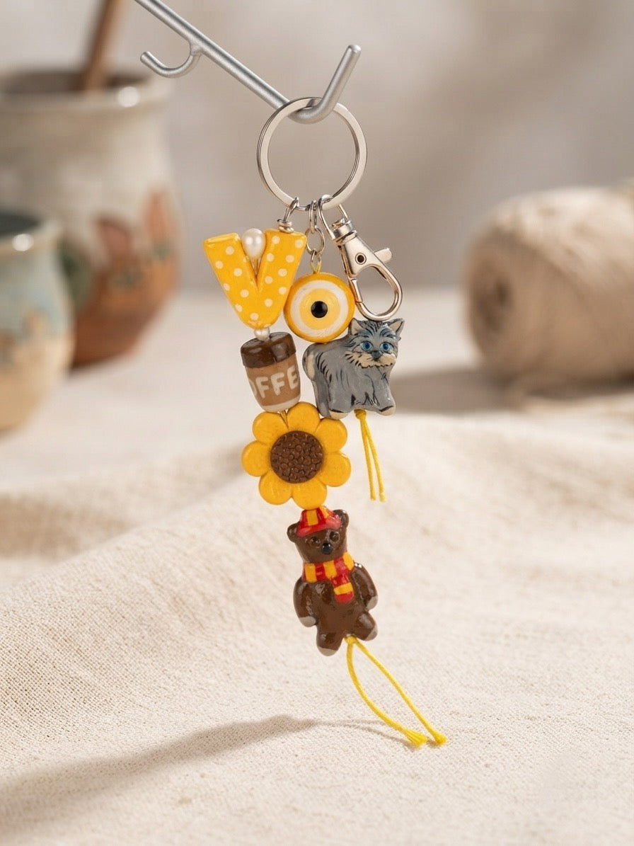 Sunflower & Teddy Bear Charm Clay Keychain | 100% Handmade