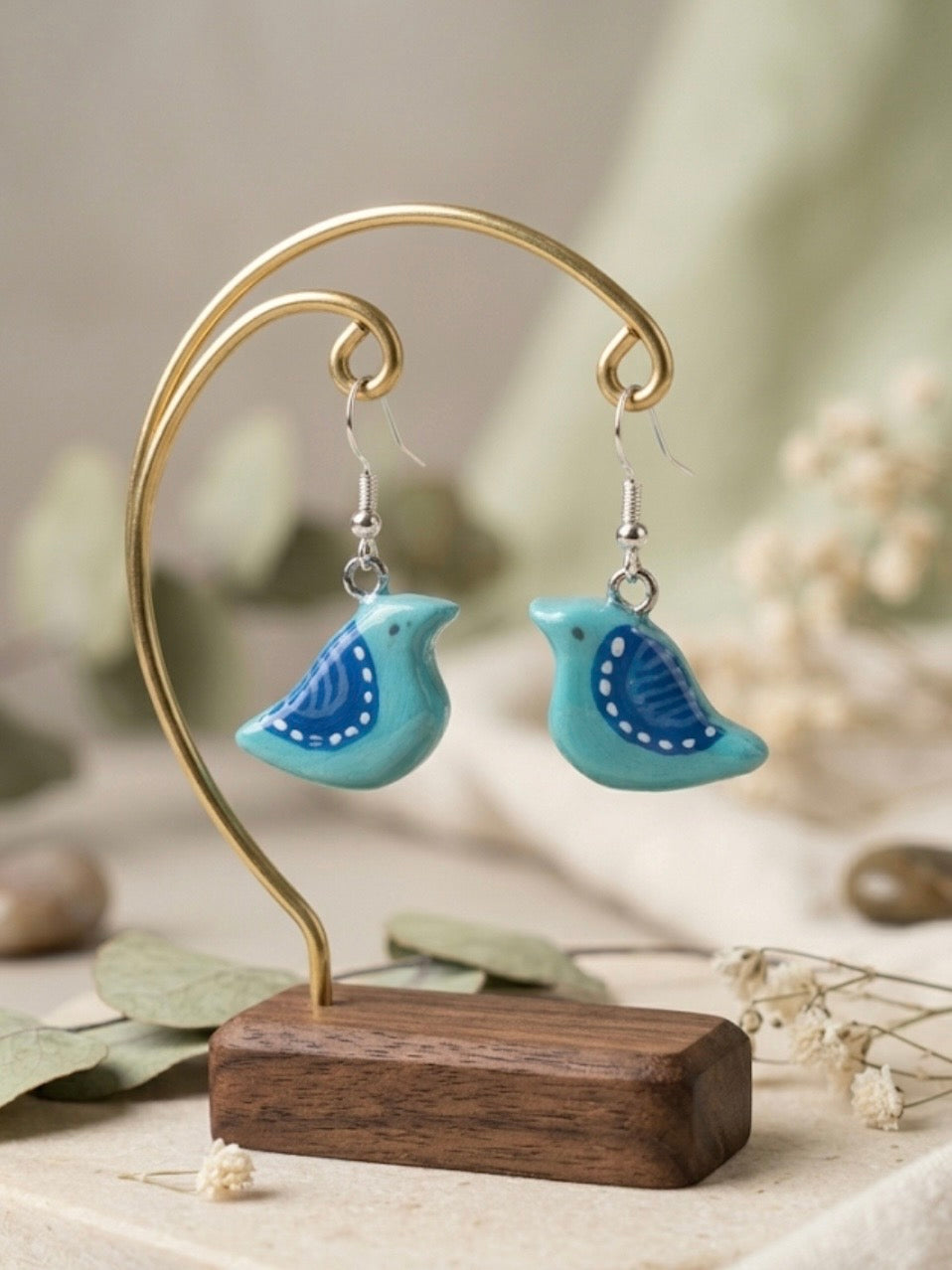 Cute Folk Art Songbird Drop Earrings | Handmade Turquoise Bird Dangle Earrings