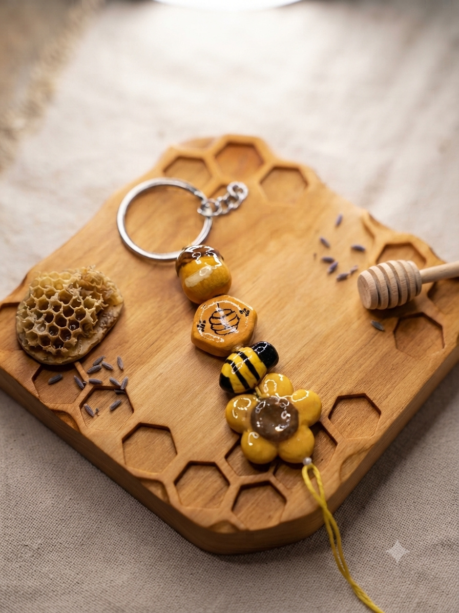 Cute Bee & Honeycomb Clay Keychain | 100% Handmade