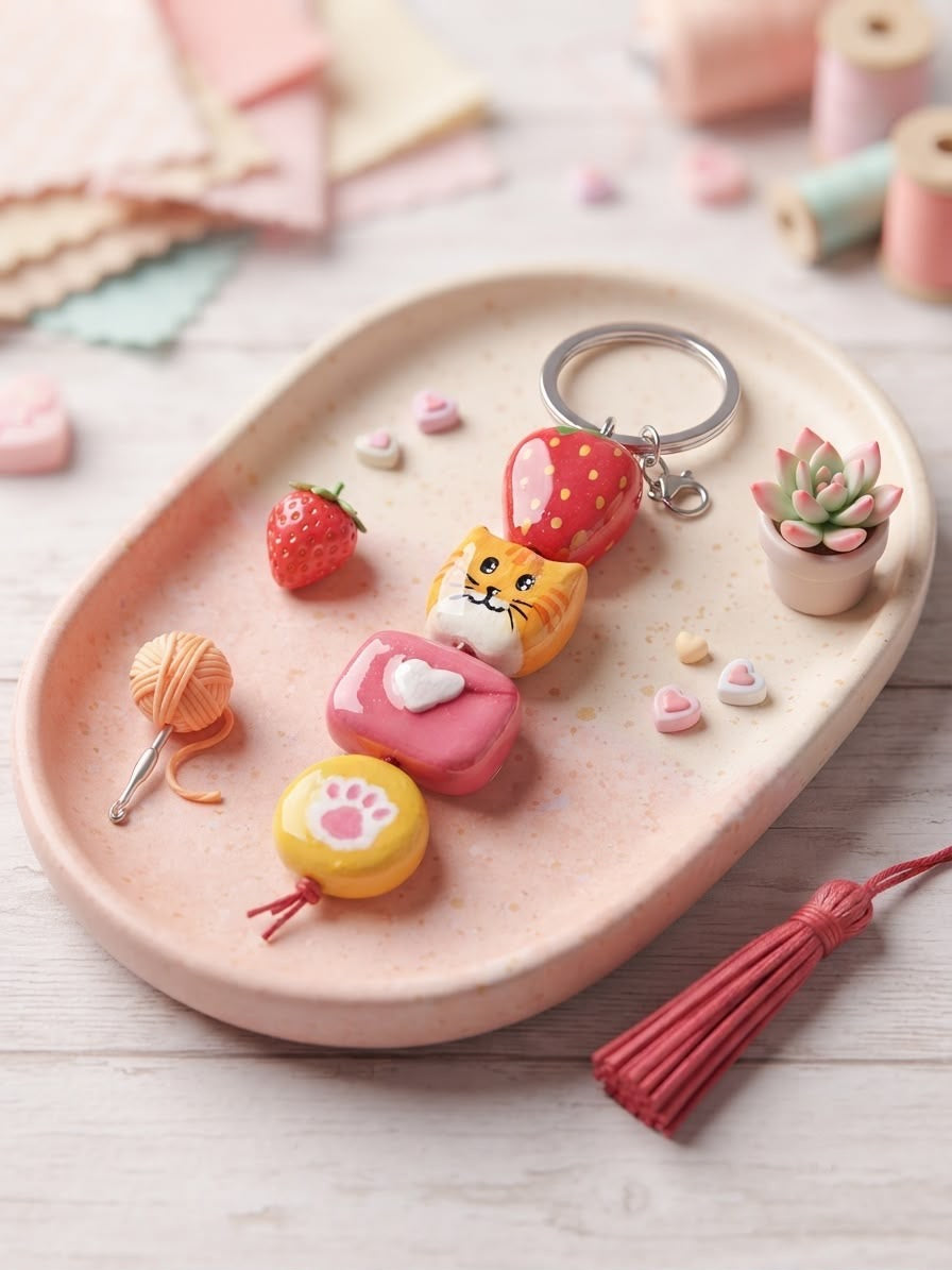 Cat & Strawberry Clay Keychain | Cozy Crafting Bag Charm