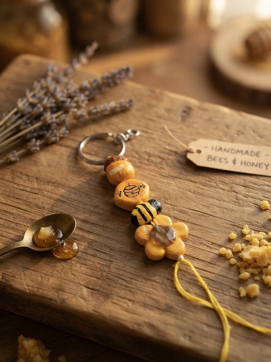 Cute Bee & Honeycomb Clay Keychain | 100% Handmade