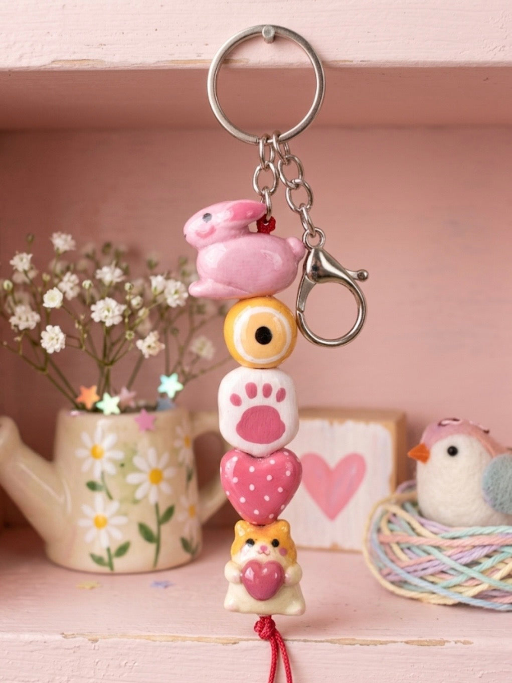 Handmade Pink Bunny & Hamster Clay Keychain| Hand-Painted & Resin Glazed (customised)