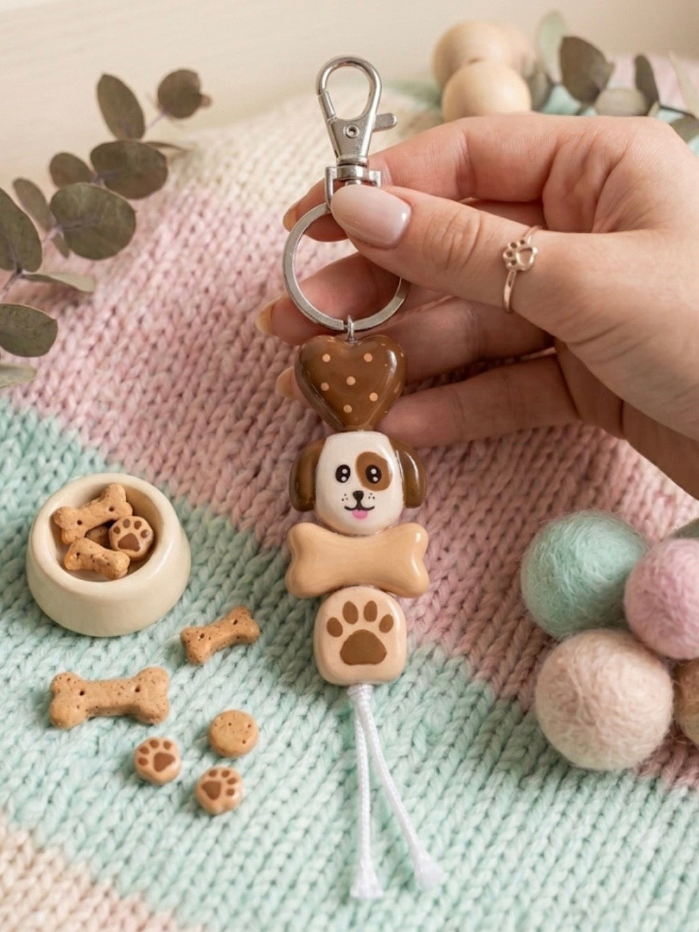 Chunky Brown Dog & Paw Clay Keyring | Waterproof Bag Charm | waterproof