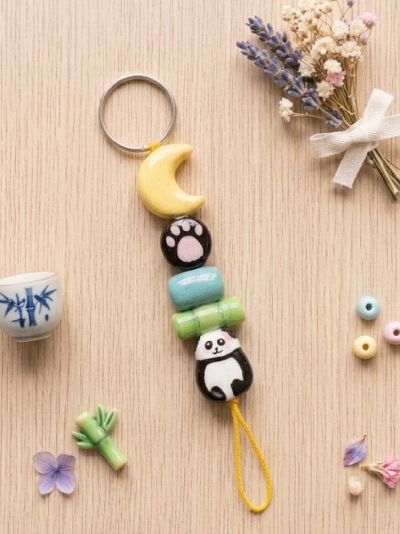 Handmade Panda |Bamboo Clay Keychain | Celestial Star & Moon Charms |waterproof