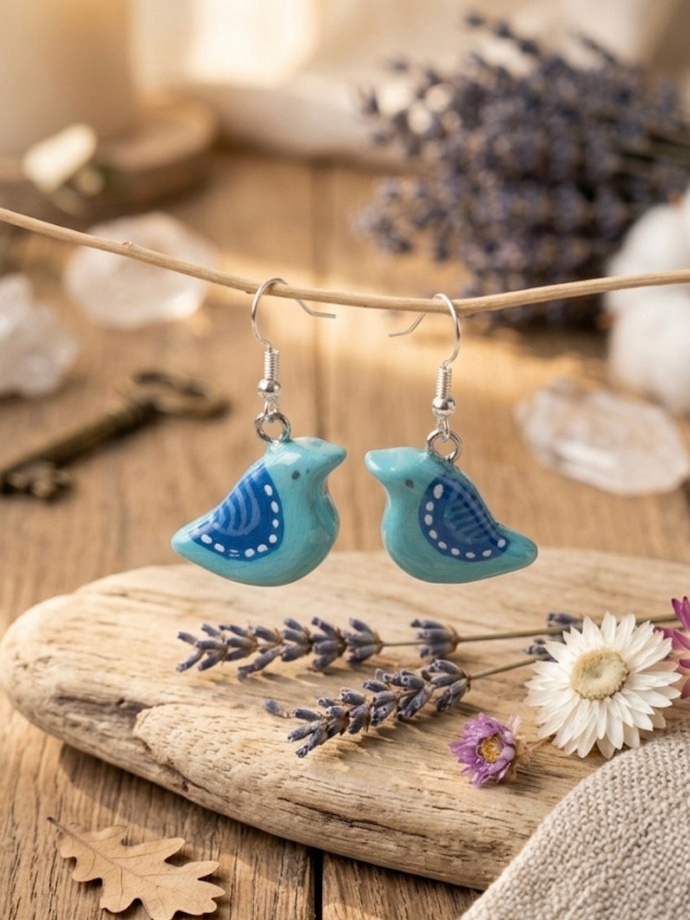 Cute Folk Art Songbird Drop Earrings | Handmade Turquoise Bird Dangle Earrings