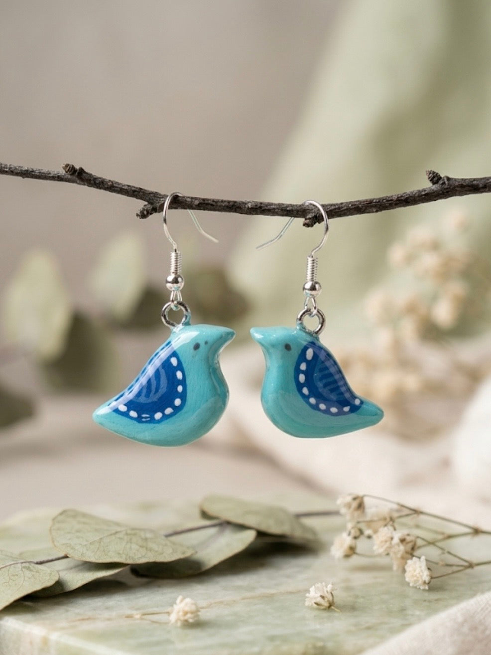 Cute Folk Art Songbird Drop Earrings | Handmade Turquoise Bird Dangle Earrings