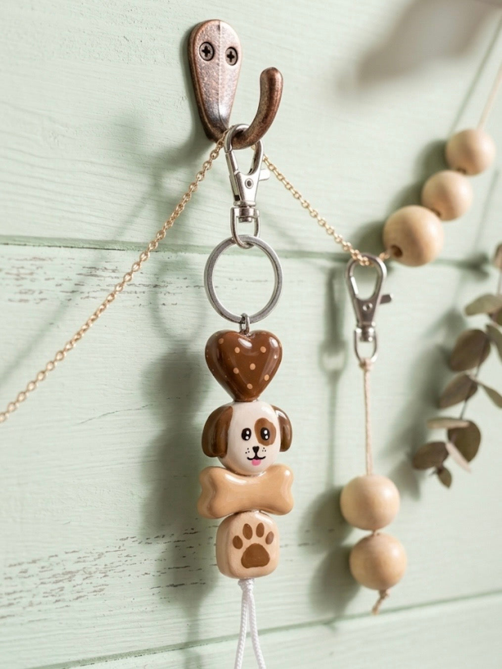 Chunky Brown Dog & Paw Clay Keyring | Waterproof Bag Charm | waterproof