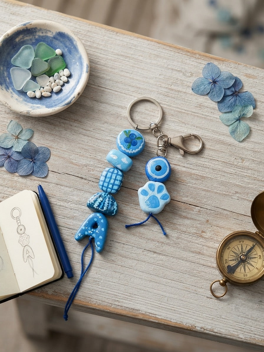 Blueberry & Evil Eye Clay Keyring || 100% Handmade