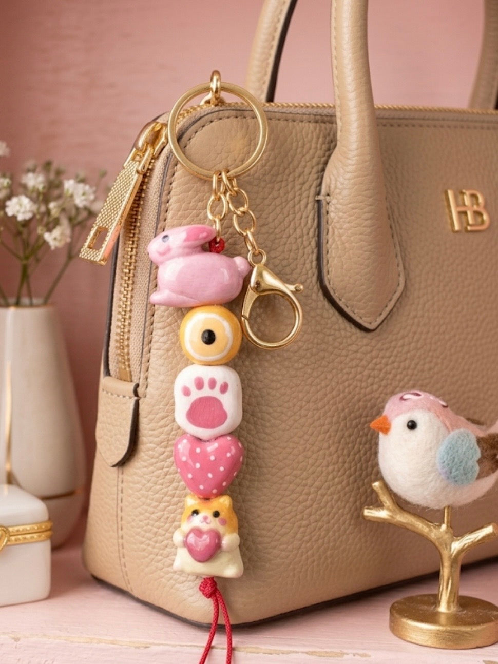 Handmade Pink Bunny & Hamster Clay Keychain| Hand-Painted & Resin Glazed (customised)
