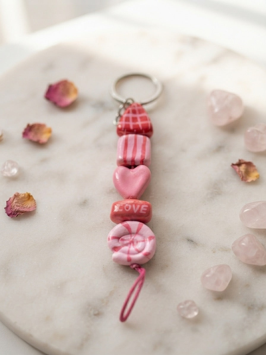 Handmade Pink "Love" Clay Keychain | Heart & Candy Charms