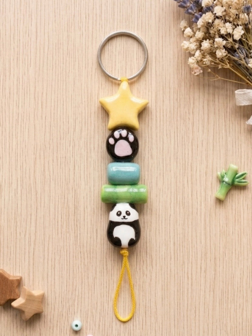 Handmade Panda |Bamboo Clay Keychain | Celestial Star & Moon Charms |waterproof
