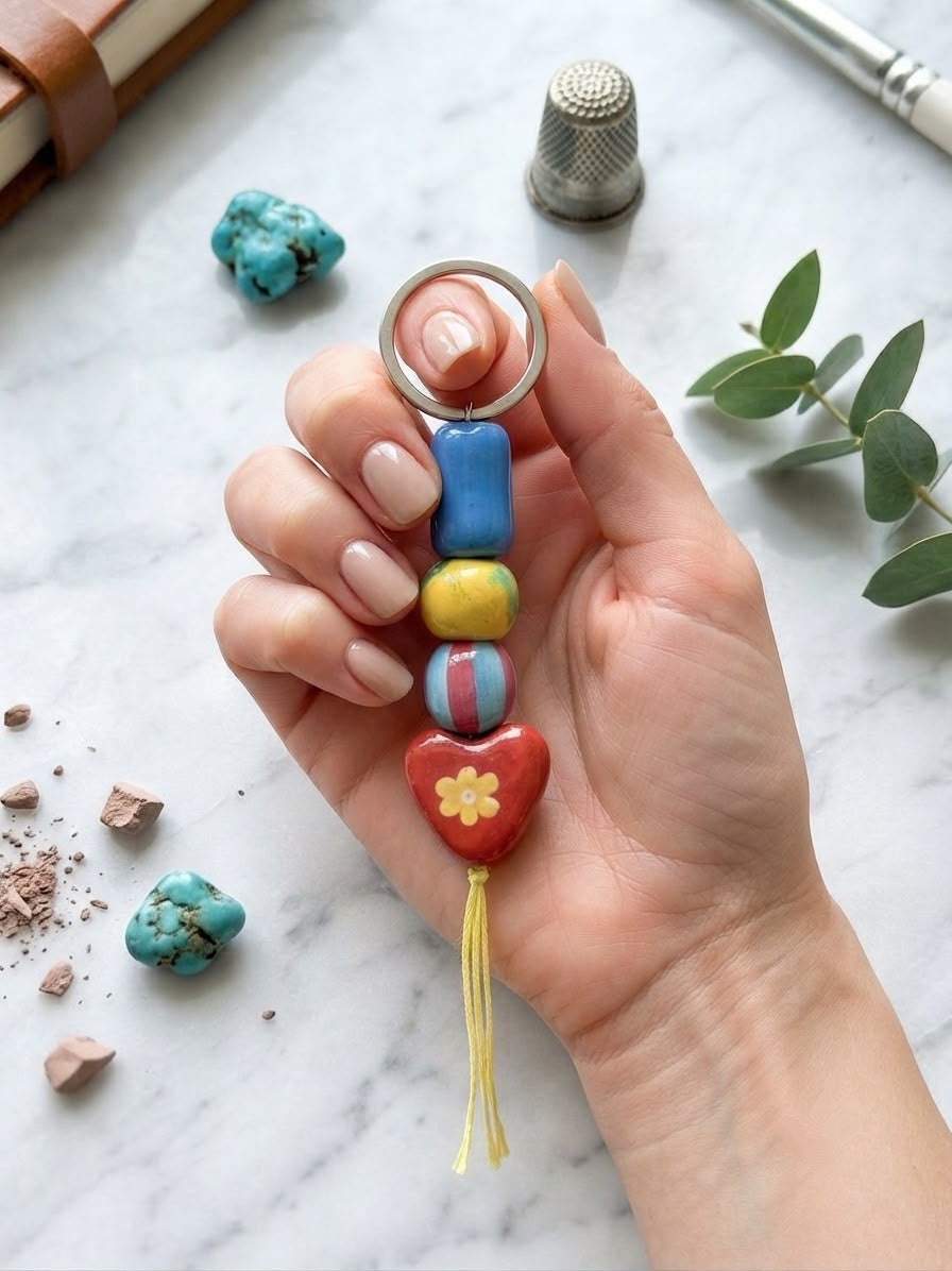 Handmade Retro Multi-Color Clay Keychain | Floral Heart Bag Charm