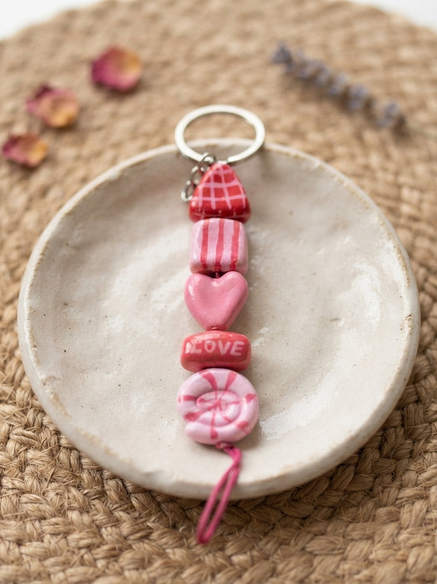 Handmade Pink "Love" Clay Keychain | Heart & Candy Charms