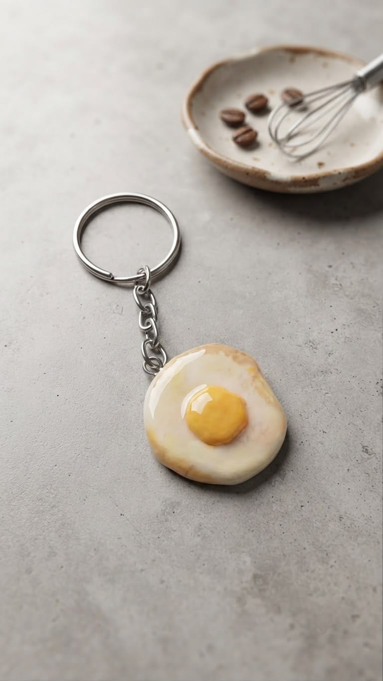 Artisan Fried Egg Clay Keyring | Glossy Resin Breakfast Accessory