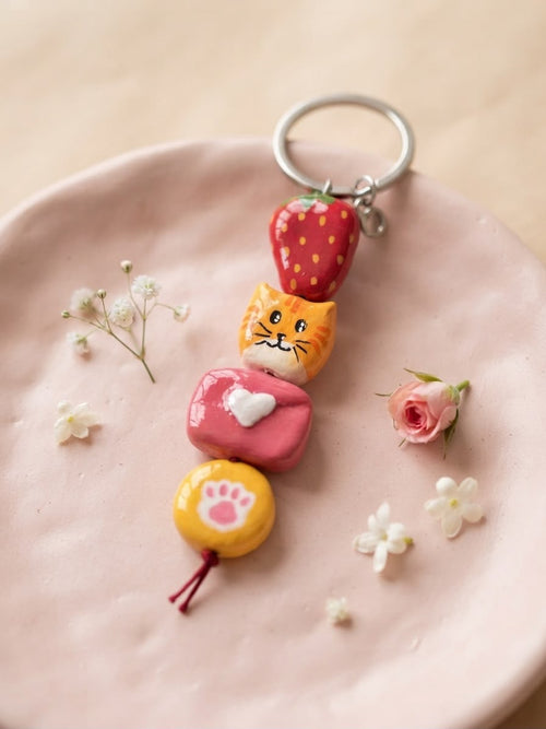 Cat & Strawberry Clay Keychain | Cozy Crafting Bag Charm