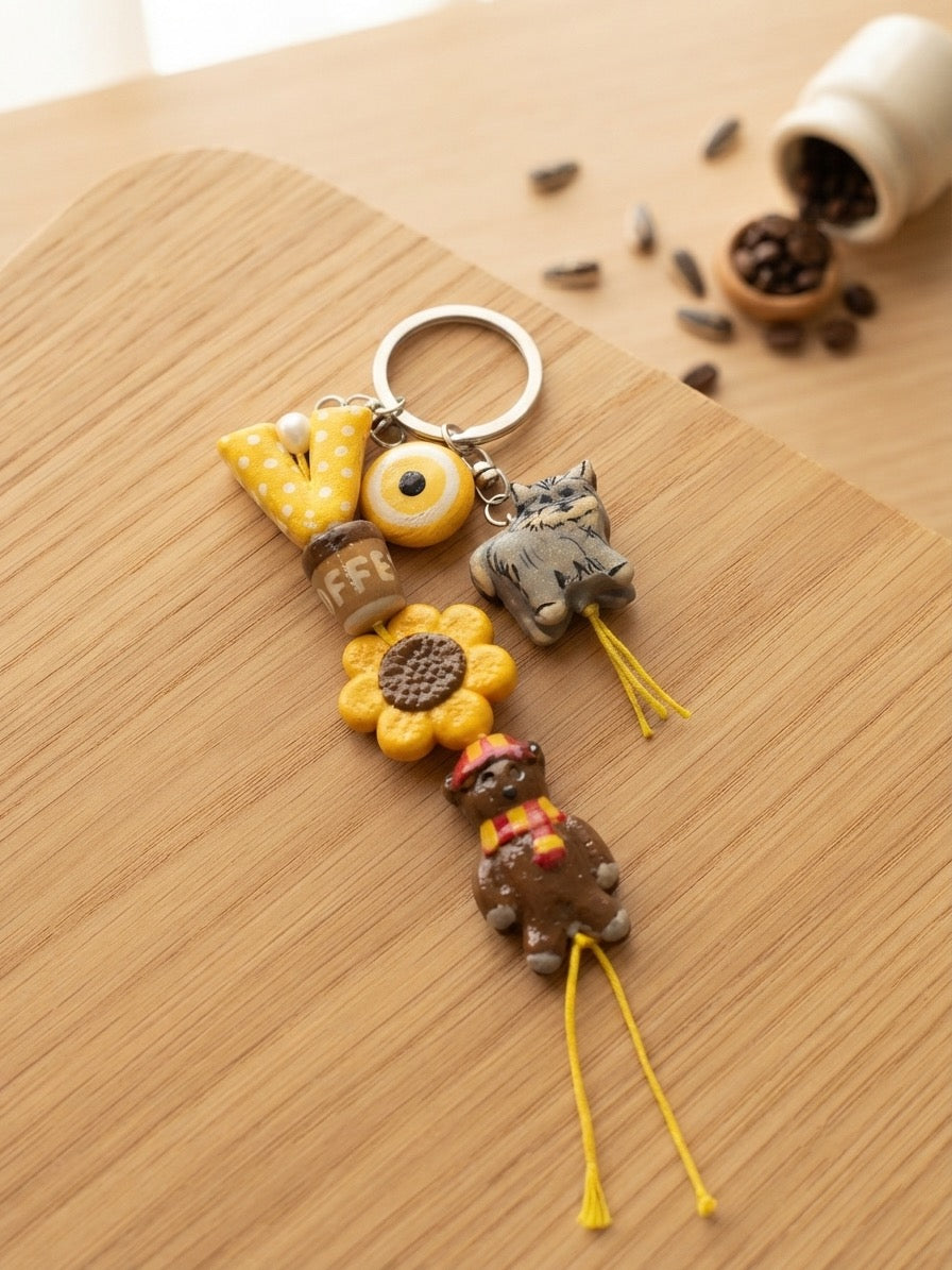 Sunflower & Teddy Bear Charm Clay Keychain | 100% Handmade