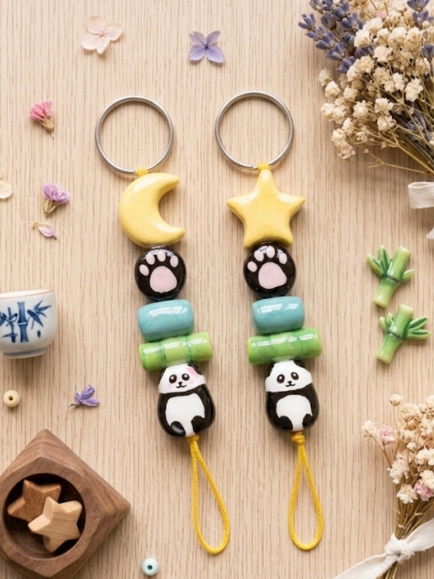 Handmade Panda |Bamboo Clay Keychain | Celestial Star & Moon Charms |waterproof